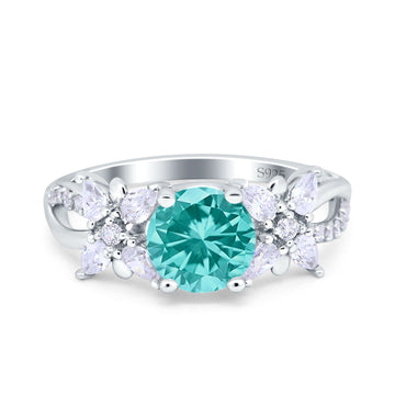 Art Deco Wedding Bridal Ring Round Simulated Paraiba Tourmaline CZ 925 Sterling Silver